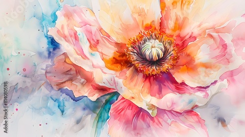 Colorful Watercolor Poppy with Abstract Blue and Pink Background