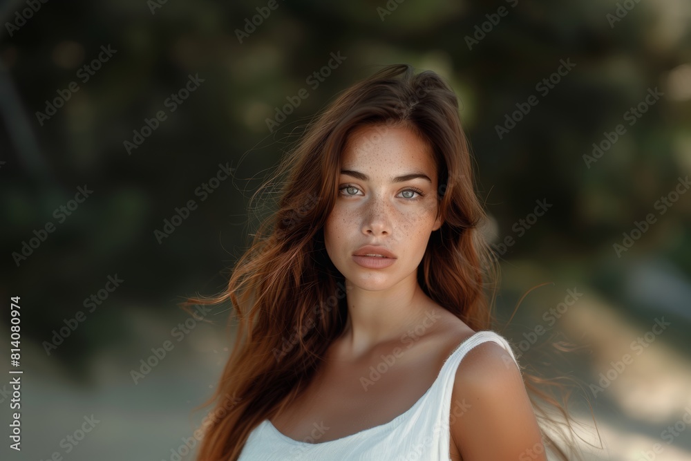 beautiful young brunette woman with wind tousled hair with sadness on her face. Feelings and emotions, state of mind.