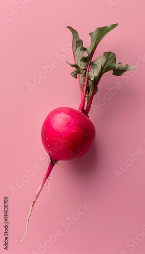 Vibrant Red Radish with Lush Green Leaves on Solid Pink Background