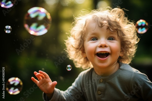 Colorful Toddler bubbles fun. Summer play. Generate Ai