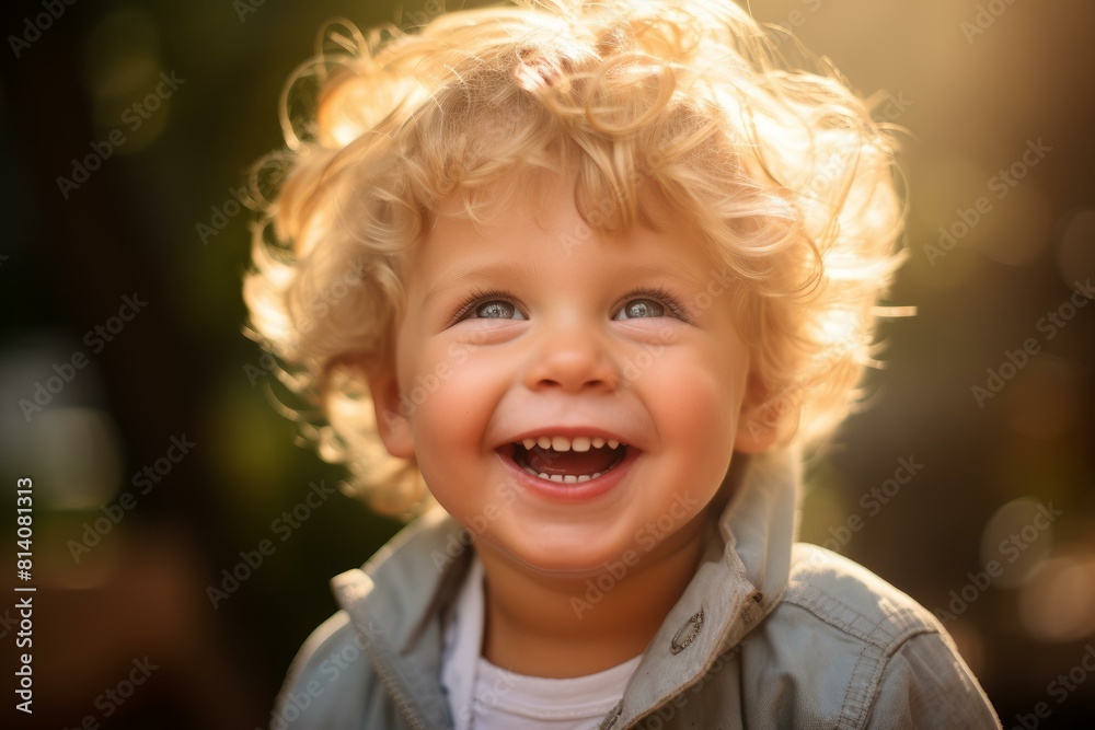 Close-up of a smiling toddler with curly blonde hair, basking in the warm sunlight Close-up of a smiling toddler with curly blonde hair, basking in the warm sunlight