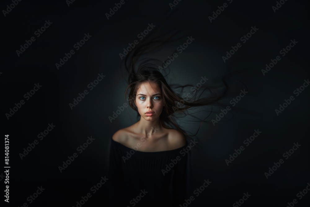 beautiful young brunette woman with wind tousled hair with sadness on her face. Feelings and emotions, state of mind. beautiful young brunette woman with wind tousled hair with sadness on her face. Feelings and emotions, state of mind.
