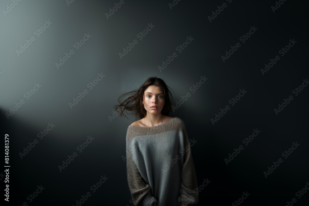beautiful young brunette woman with wind tousled hair with sadness on her face. Feelings and emotions, state of mind. beautiful young brunette woman with wind tousled hair with sadness on her face. Feelings and emotions, state of mind.