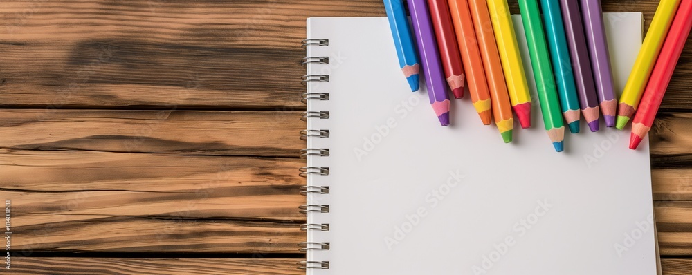 Obraz premium Blank sketchbook with colored pencils on wood