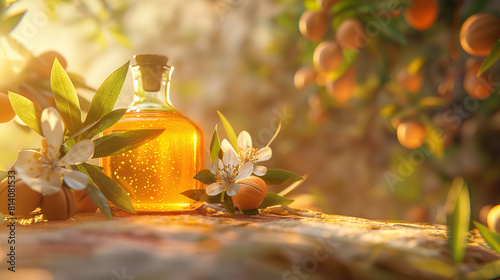 Moroccan Argan oil. Essential oil in a bottle, and argan tree seeds on an oriental background, creative copy space background. Nourishing oil for cosmetics and body care.
