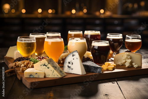 Cheese and Craft Beer Pairing - A trendy craft beer and cheese pairing session with a variety of beers and cheeses laid out  Generative AI,