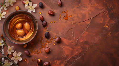 Wallpaper Mural Moroccan Argan oil. Essential oil in a bottle, and argan tree seeds on an oriental background, creative copy space background. Nourishing oil for cosmetics and body care.
 Torontodigital.ca