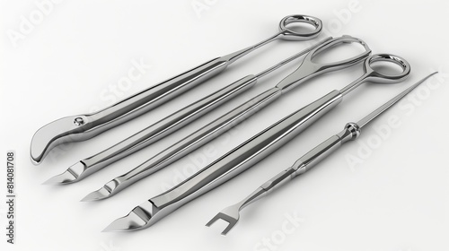 set of stainless steel surgical instruments, including scalpels and forceps, isolated on white.