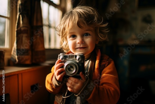 Adorable curly-haired toddler playing with a classic retro camera in a warm sunlit room © juliars