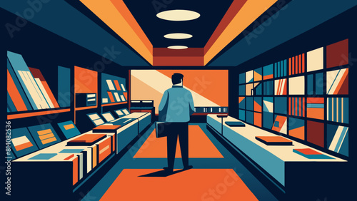 Modern Man Contemplating in a Vibrant Retro-Styled Bookstore