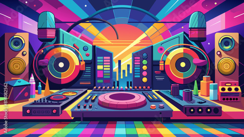 Vibrant Retro Music Studio with DJ Equipment and Vinyl Records