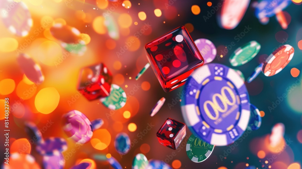 Εκτύπωση καμβά Casino chips and dices falling, abstract casino background behind, beautiful colors, generative ai