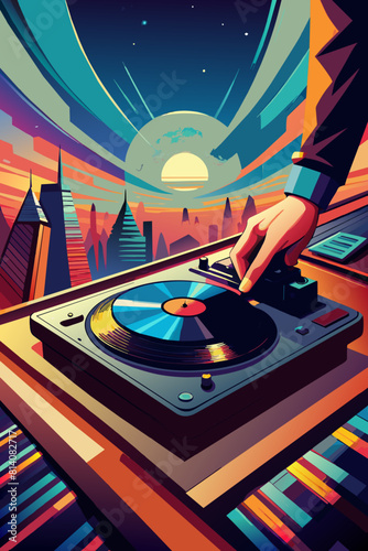 Retro-Futuristic DJ Mixing Vinyl Record Against Cityscape