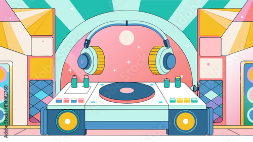 Vibrant Retro DJ Booth Illustration with Pop Art Background