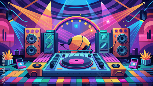 Vibrant Retro Style DJ Booth at a Neon Lit Music Party