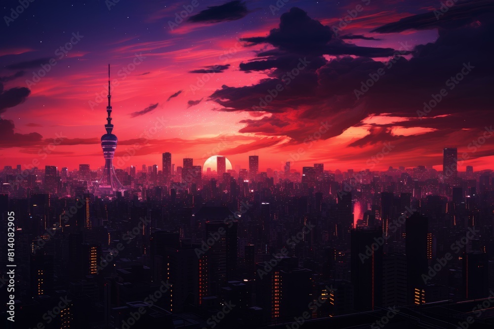 Striking cyberpunk cityscape with glowing sunset and dramatic clouds