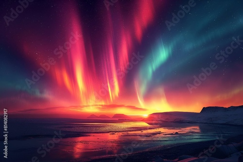 AI generated illustration of Northern lights shining above a beach with water