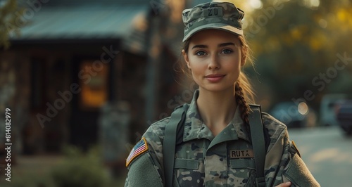 young military woman in dress uniform and helmet photo