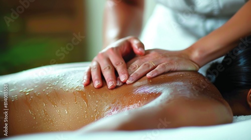 A close view of a woman relaxing during a back massage session with a focus on the therapist s hands applying pressure.
