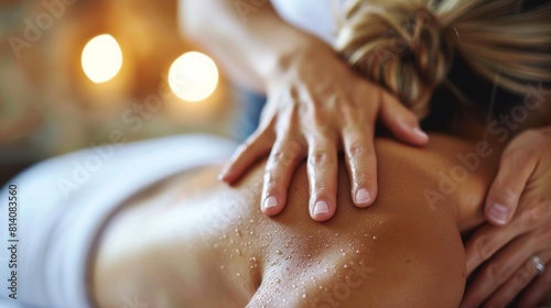 Wallpaper Mural A close view of a woman relaxing during a back massage session with a focus on the therapist's hands applying pressure. Torontodigital.ca