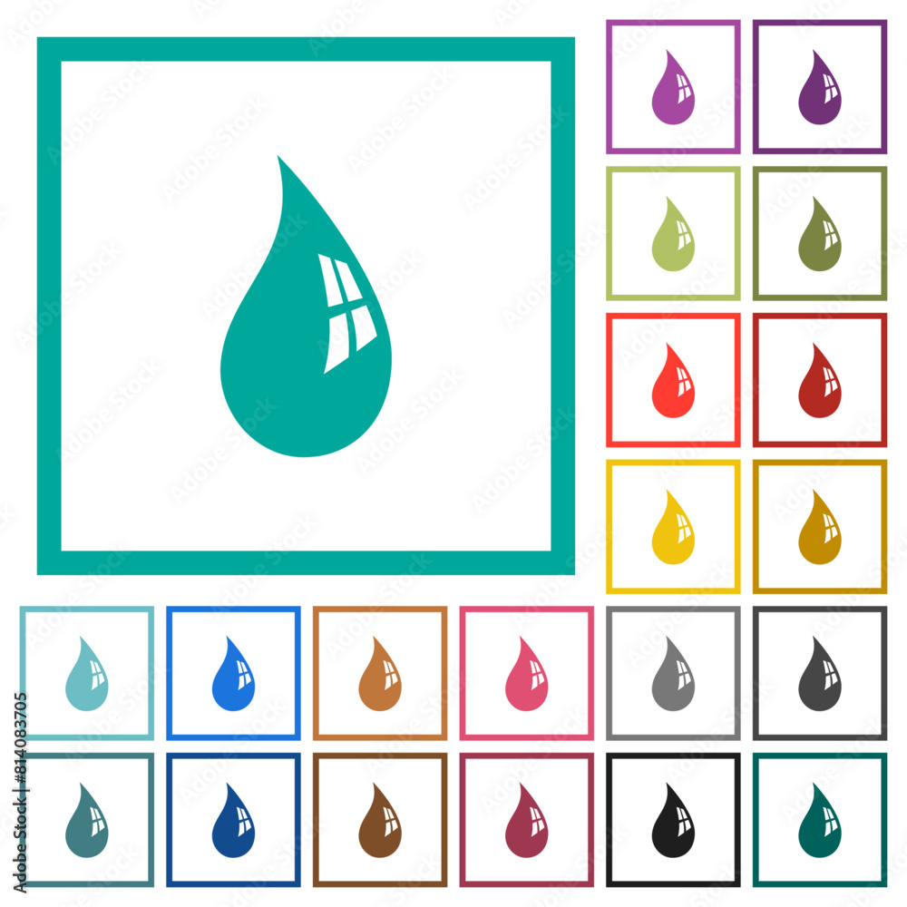 Water drop with reflection flat color icons with quadrant frames Water drop with reflection flat color icons with quadrant frames