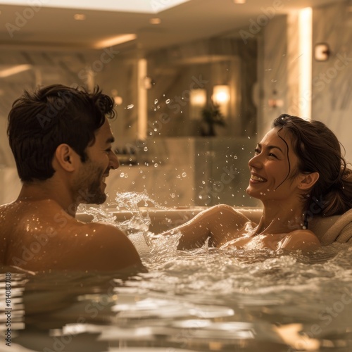 A couple in a spa, playfully splashing water at each other in a hydrotherapy pool, with serene spa decor in the background.