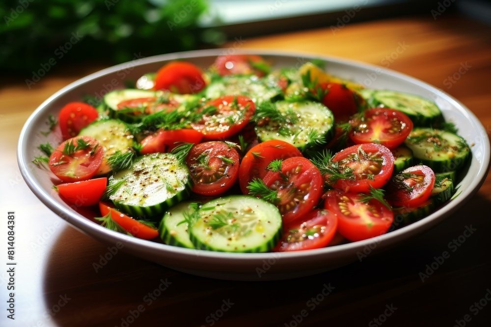 Vibrant tomato and cucumber salad garnished with dill, perfect for a healthy meal