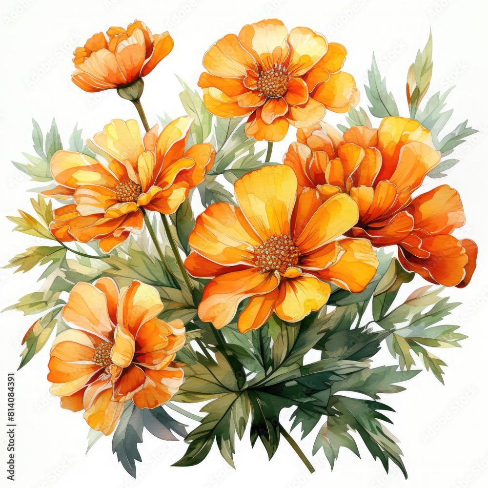 Watercolor Marigold Illustration, Generative Ai Watercolor Marigold Illustration, Generative Ai