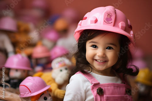 Portrait of a Young Girl in a Pink Hard Hat and Overalls - Against a soft pink background, a young girl smiling gently, surround  Generative AI,