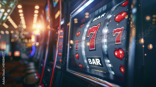 Close-up of a slot machine showing 777 win message in a casino with lights in the background, luxury, generative ai © Hixel