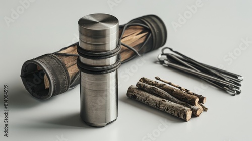 fire starter kit including flint and steel, isolated on a white studio background. photo