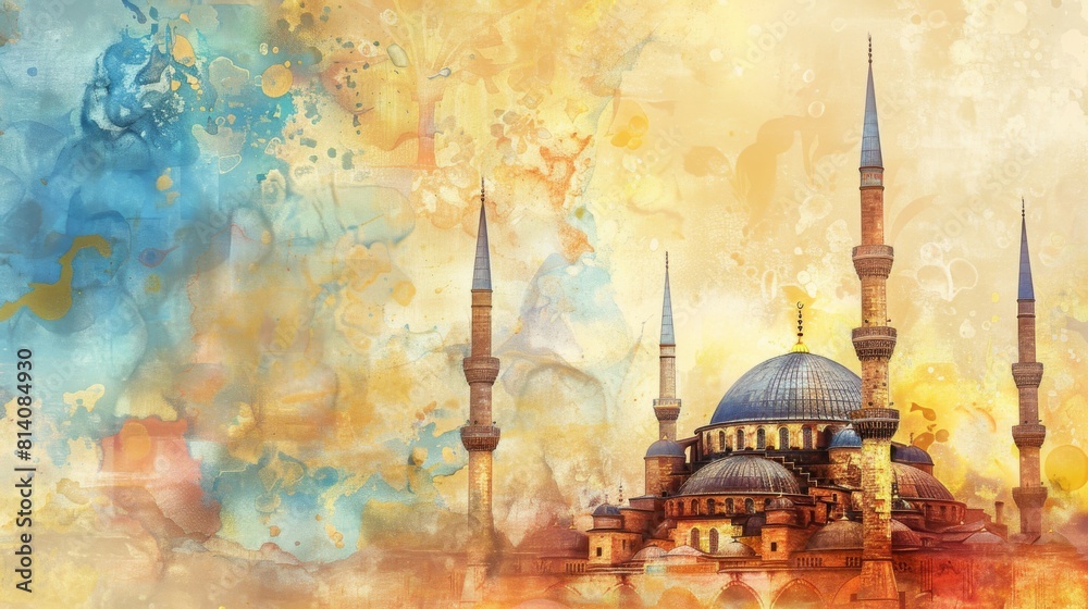 Φωτογραφία Watercolor painting capturing the stunning silhouette of a blue mosque against a