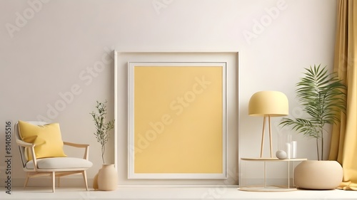 Wall art mockup with shelves  modern minimalist  interior design background  interior with soft yellow color walls theme of the room