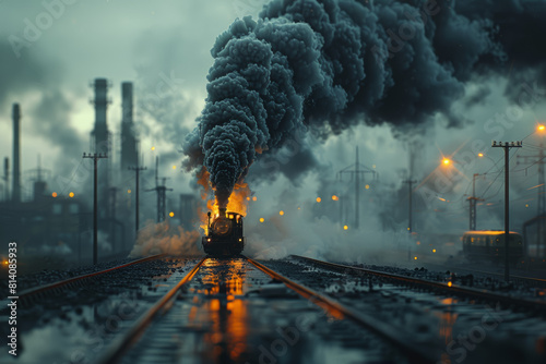 A sputtering engine emitting dark smoke, illustrating the pollution and environmental damage caused by fossil fuels. Concept of transportation crisis and climate change. Generative Ai. photo