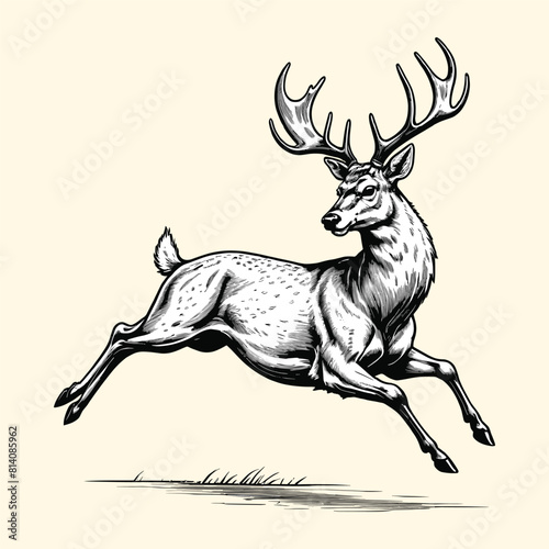 Reindeer Jumping Illustration Christmas Engraved Style