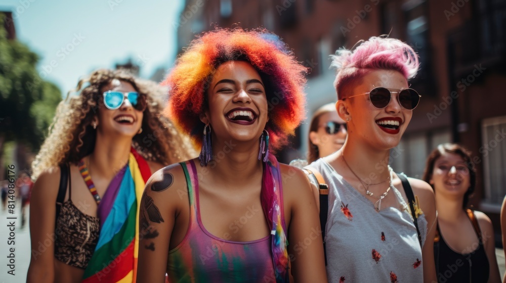 A group of women with vibrant and colorful hair are walking down the street. They are chatting and laughing as they move along together in a casual and relaxed manner. A group of women with vibrant and colorful hair are walking down the street. They are chatting and laughing as they move along together in a casual and relaxed manner.
