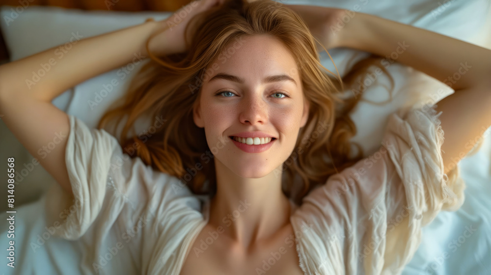A woman smiling in bed with her hands on her head. A woman smiling in bed with her hands on her head.