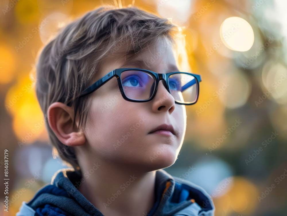 A boy with glasses looking up at the sky. A boy with glasses looking up at the sky.