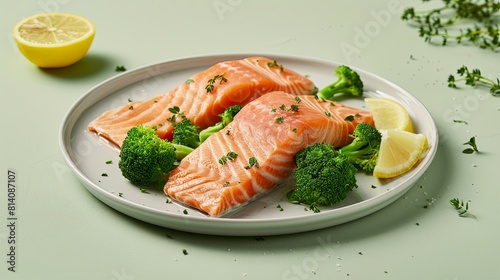 Salmon and broiled broccoli on a plate