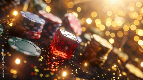 Creative casino background with dices and casino chips on top of golden glowing lights, generative ai