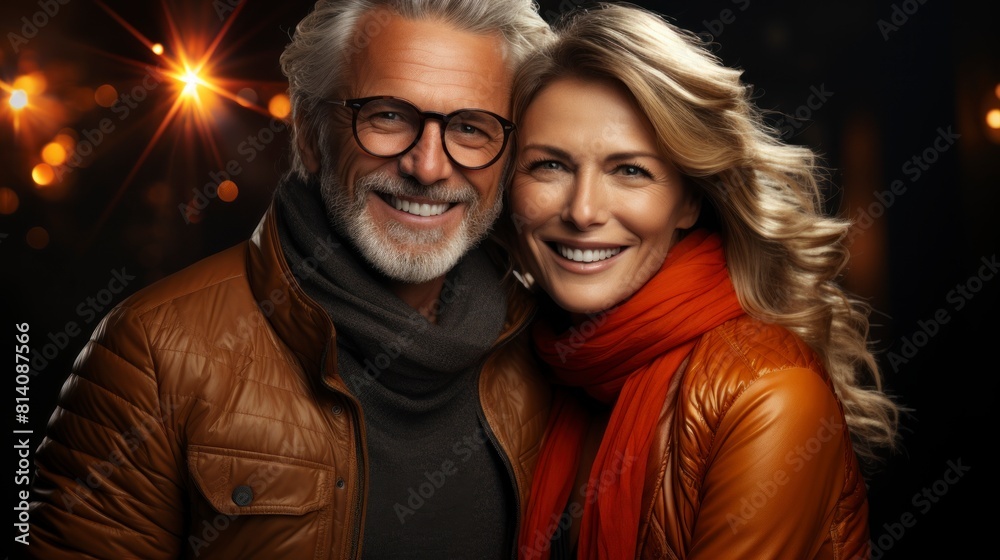 An older couple is standing together, smiling for a portrait. An older couple is standing together, smiling for a portrait.