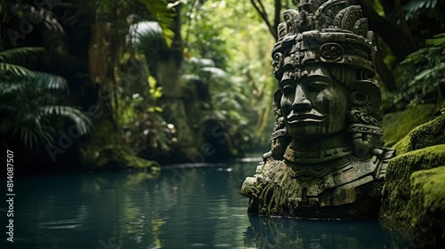  A statue of an Aztec head is partially submerged in a flowing river, showcasing intricate details and weathered features.