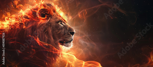 A beautiful lion with glowing eyes seem to dance with flames on fire, the king animal burn art with space concept