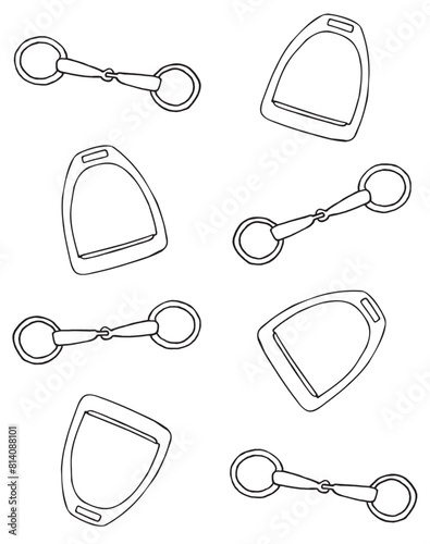 Vector seamless pattern of hand drawn sketch doodle outline equestrian horse bit isolated on white background