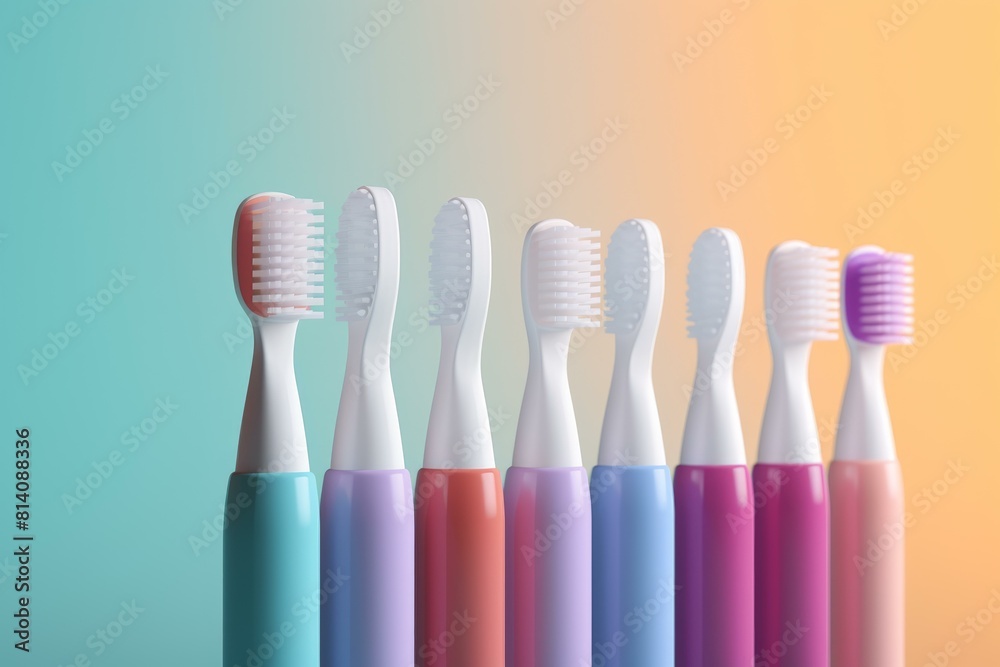 Set of sleek toothbrushes in varied colors against a soft gradient background Set of sleek toothbrushes in varied colors against a soft gradient background