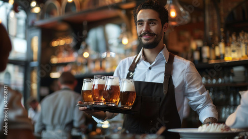 Party atmosphere: Waiter serving beers at the bar