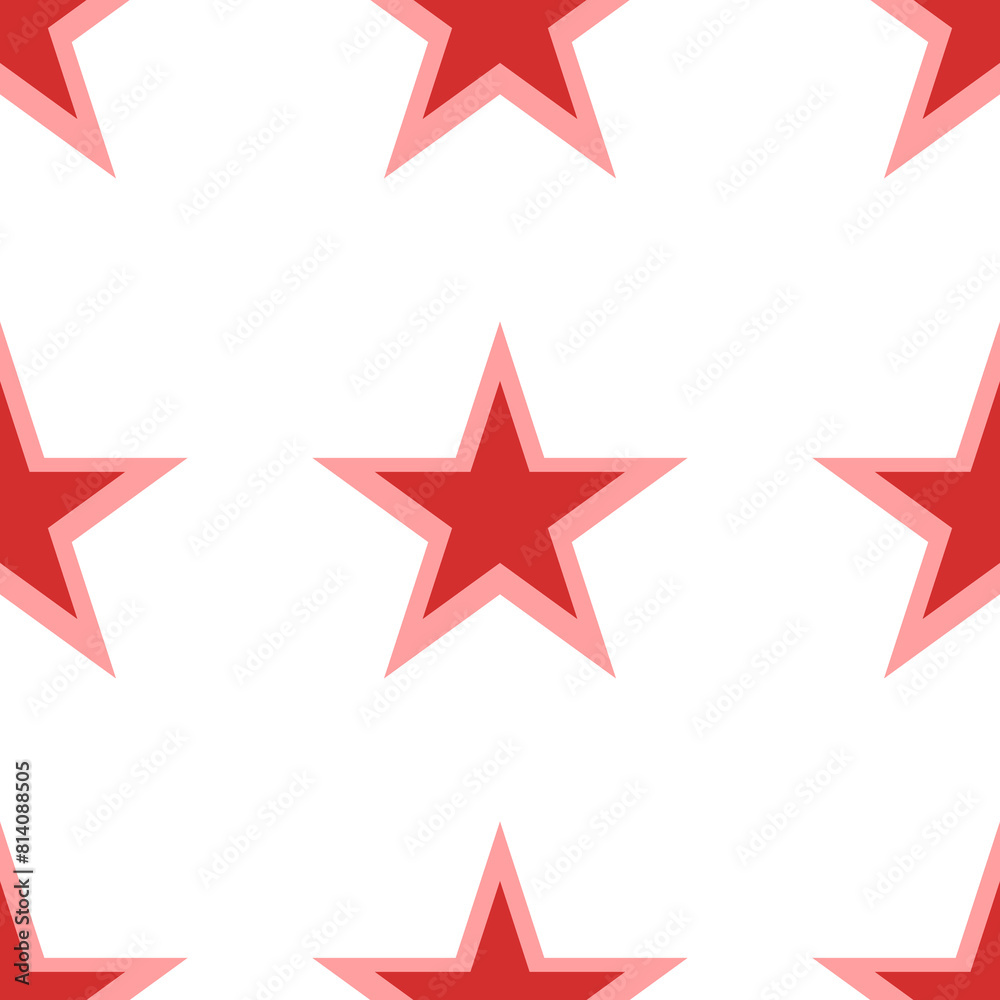 Seamless pattern of large isolated red star symbols. The elements are evenly spaced. Illustration on light red background