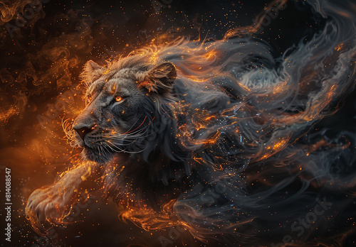 A beautiful lion with glowing eyes seem to dance with flames on fire  the king animal burn art with space concept