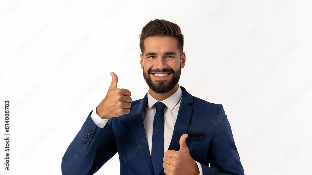 a bussines man with a navy blue suit , has a big smile and is giving a thumbs up .isolated wiith white background a bussines man with a navy blue suit , has a big smile and is giving a thumbs up .isolated wiith white background