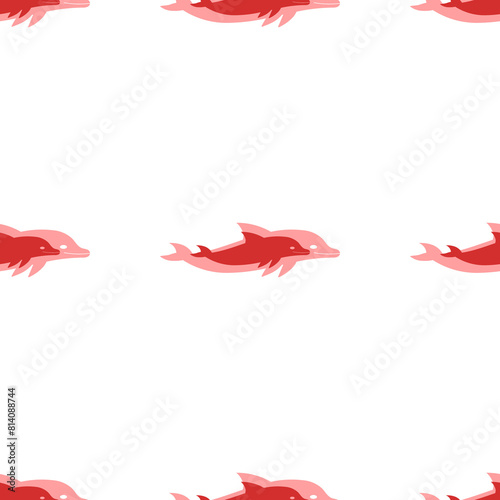 Seamless pattern of large isolated red dolphin symbols. The elements are evenly spaced. Illustration on light red background © Alexey